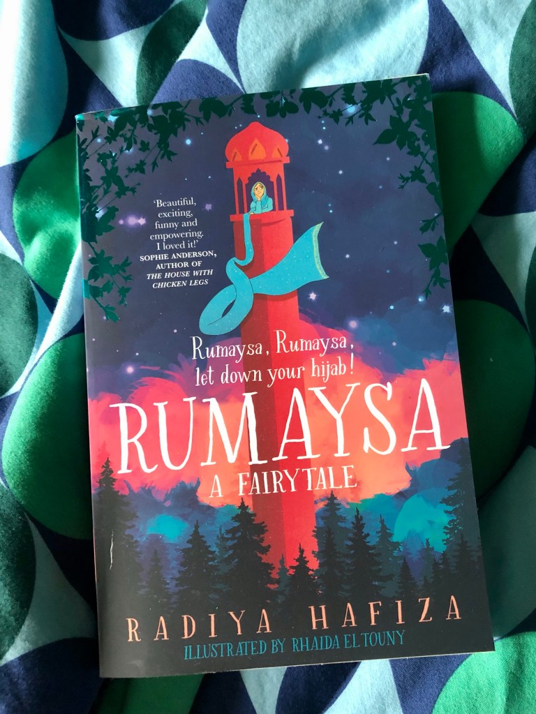 tall tower under a starry sky with a girl at the top and her long blue hijab billowing out of the window below her